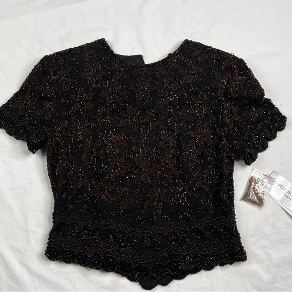 Papell Boutique NEW Womens Sz S brown Silk Beaded Evening Blouse Dressy A040423 - Picture 1 of 7